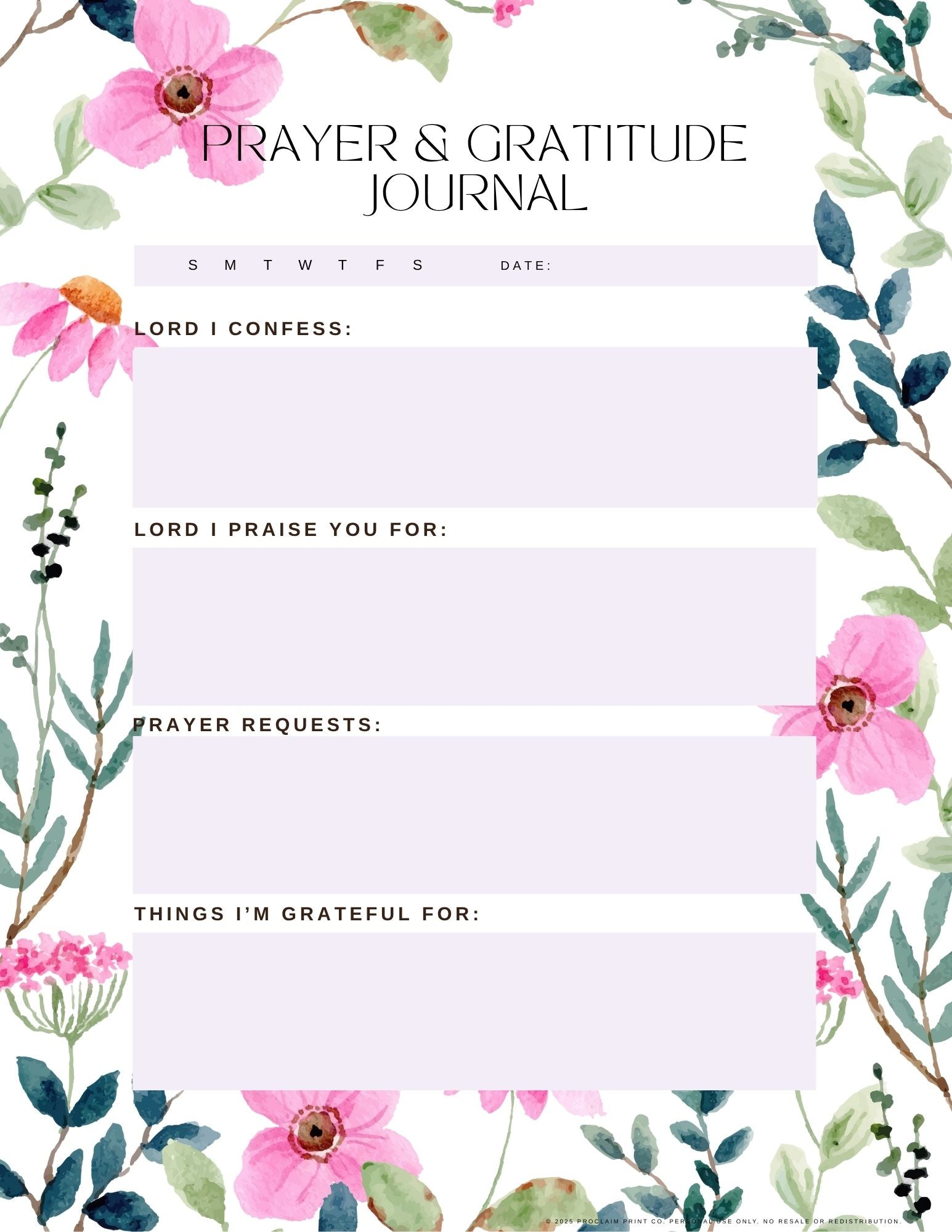 Daily Prayer and Gratitude Journal Page | Printable Christian Planner Insert | Digital Download