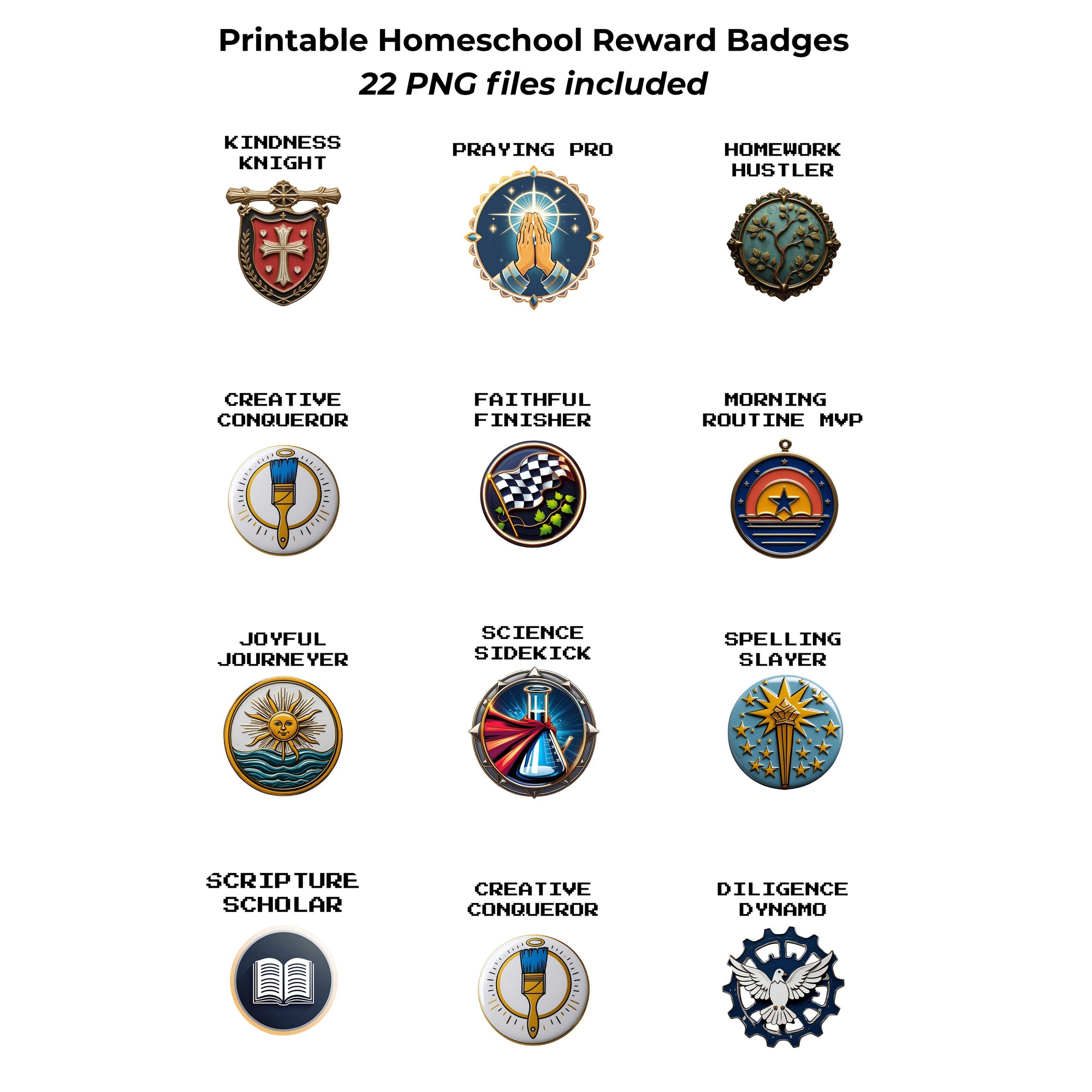 Gamified Learning Badges | 22 Christian Homeschool Reward PNGs