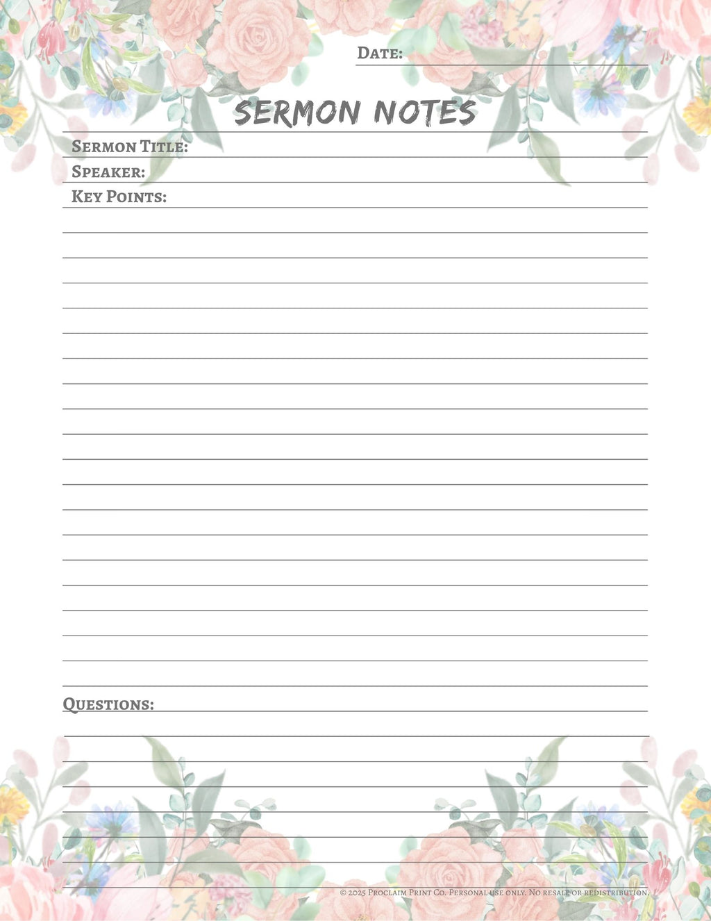 Printable Sermon Notes Template | Digital Church and Bible Study Organizer | Instant Download