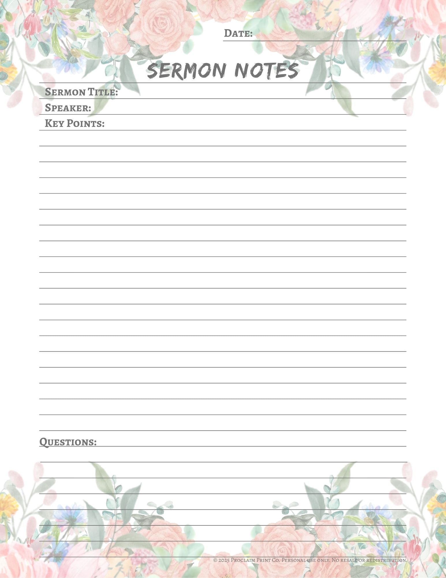 Printable Sermon Notes Template | Digital Church and Bible Study Organizer | Instant Download